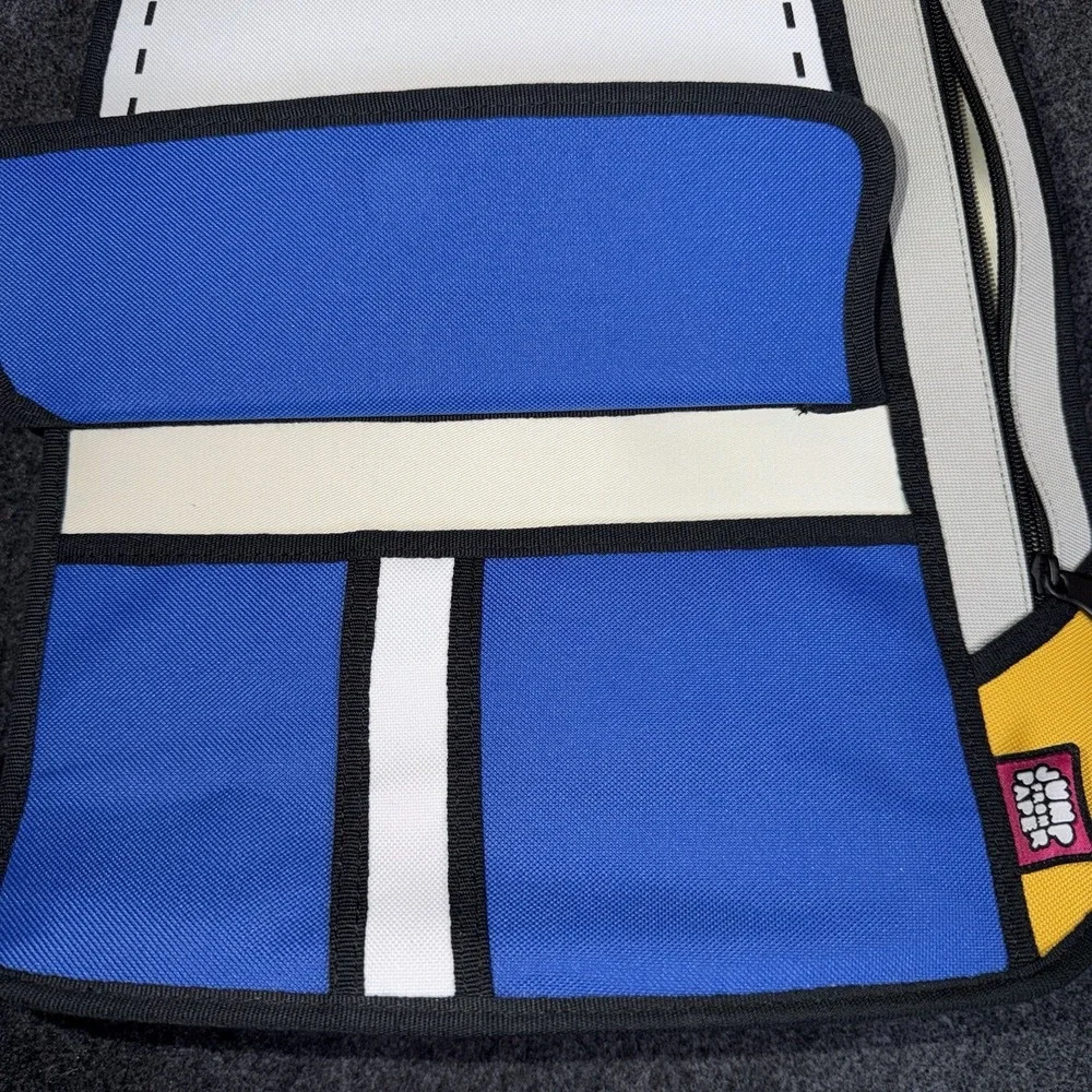 JumpFromPaper 2D Cartoon Backpack Blue‎ Yellow White Comic Optical Illusion Bag